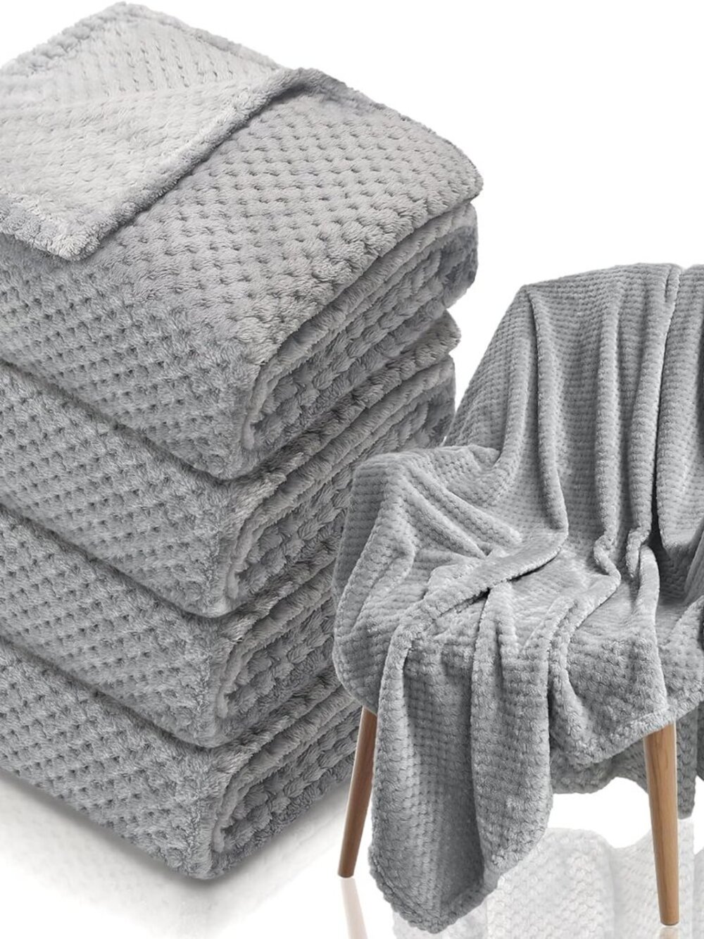 NEW 4 Pack Grey Waffle Fleece Throw Blankets 50x60 Soft 270GSM Plush